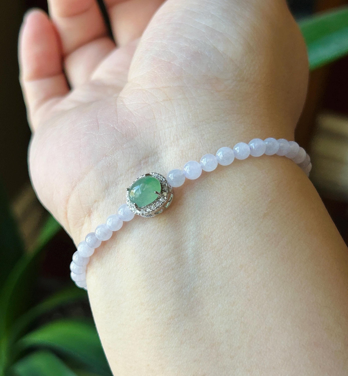 Natural Jadeite Beaded Bracelet – Burmese Type A Icy Pinkish Lavender Jade, 4mm, Icy Green/Honey Yellow Jadeite Cabochon, Minimalist Jewelry