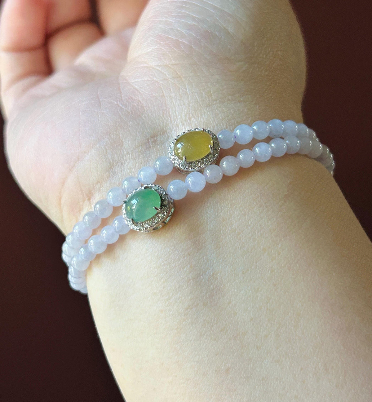 Natural Jadeite Beaded Bracelet – Burmese Type A Icy Pinkish Lavender Jade, 4mm, Icy Green/Honey Yellow Jadeite Cabochon, Minimalist Jewelry