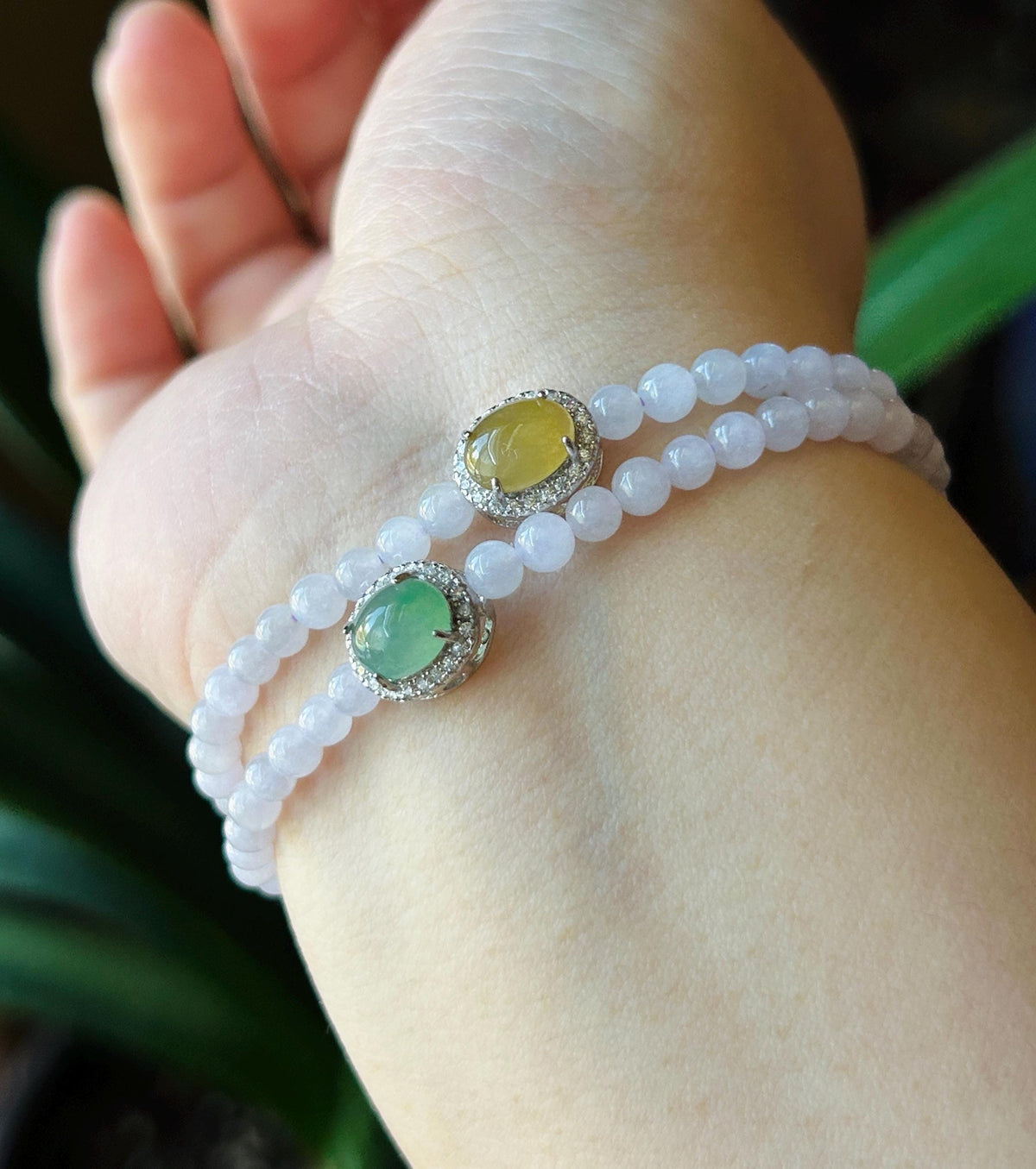 Natural Jadeite Beaded Bracelet – Burmese Type A Icy Pinkish Lavender Jade, 4mm, Icy Green/Honey Yellow Jadeite Cabochon, Minimalist Jewelry