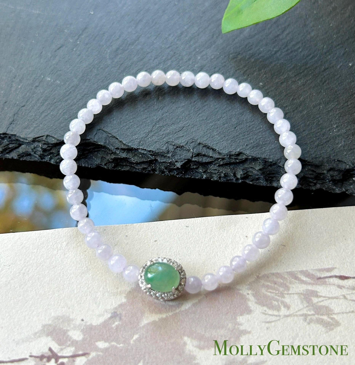 Natural Jadeite Beaded Bracelet – Burmese Type A Icy Pinkish Lavender Jade, 4mm, Icy Green/Honey Yellow Jadeite Cabochon, Minimalist Jewelry