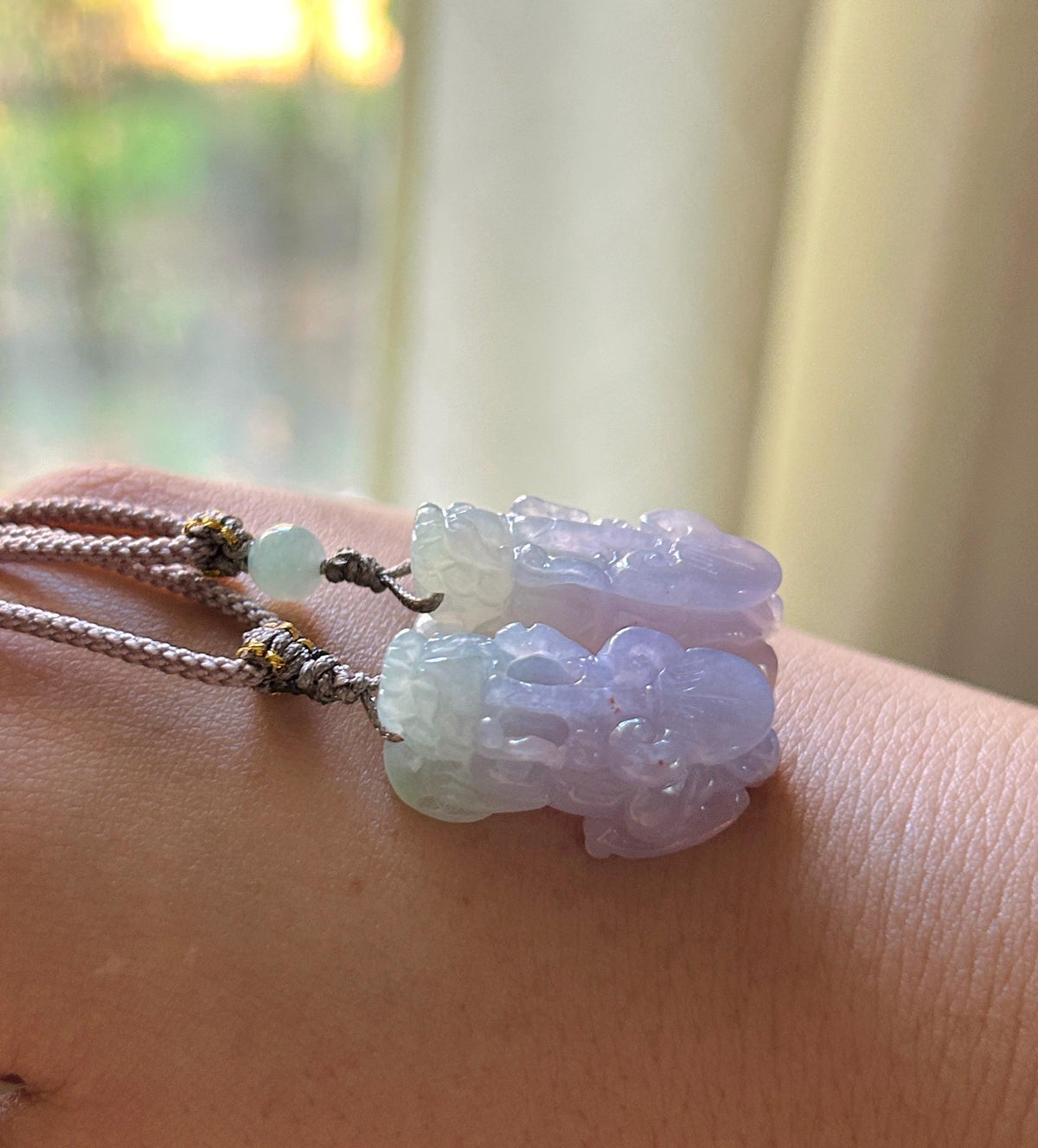 Certified Natural Jadeite Pixiu Pair Pendant Adjustable Cord | Burmese Type A Translucent Icy Lavender & Apple Green Jade Protection Amulet
