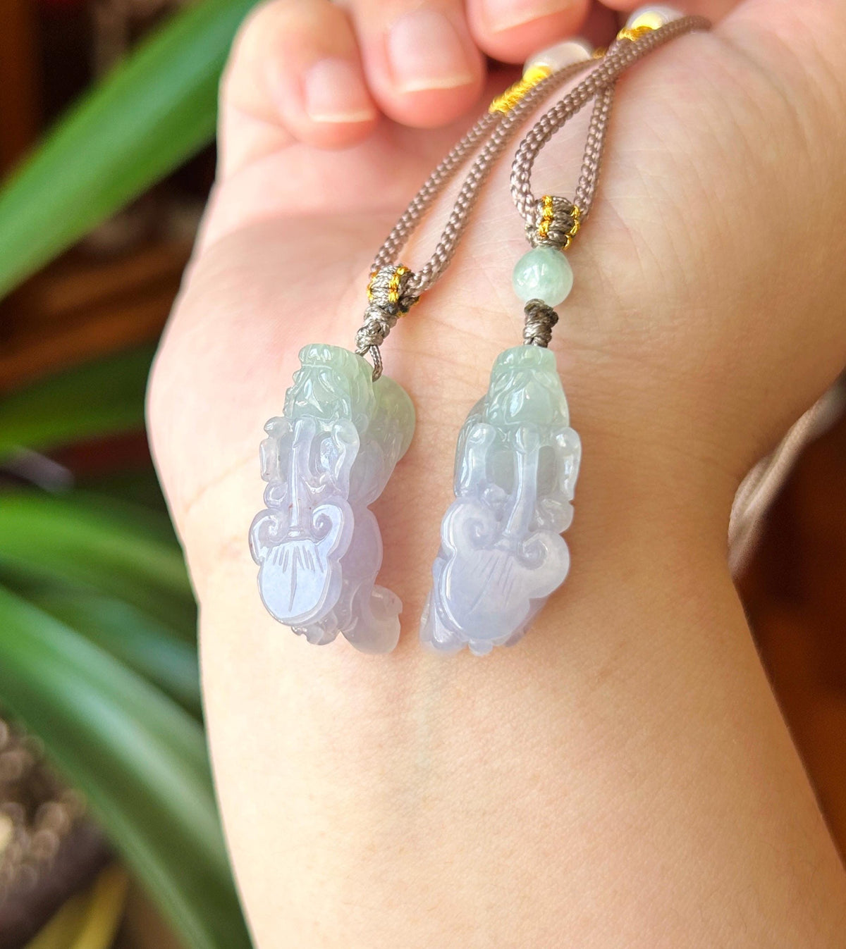 Certified Natural Jadeite Pixiu Pair Pendant Adjustable Cord | Burmese Type A Translucent Icy Lavender & Apple Green Jade Protection Amulet