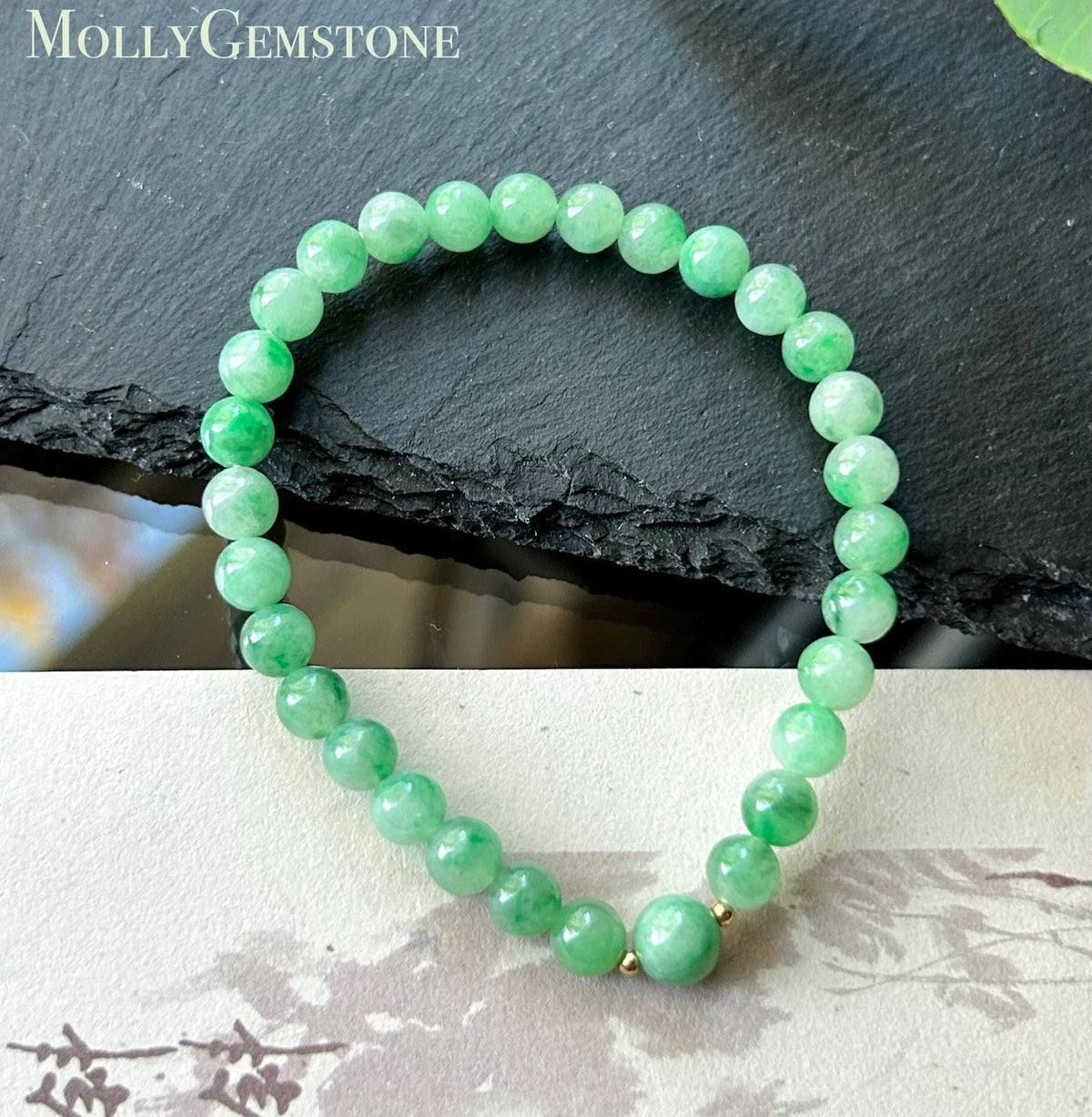Natural Jadeite Bracelet, Burmese Type A Icy Translucent Apple Green with Vivid-Green Floral Jade Beads, 6mm, Minimalist Jewelry
