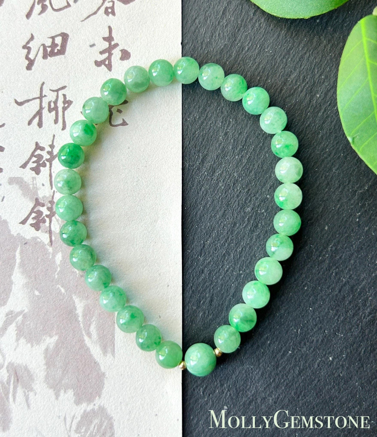 Natural Jadeite Bracelet, Burmese Type A Icy Translucent Apple Green with Vivid-Green Floral Jade Beads, 6mm, Minimalist Jewelry