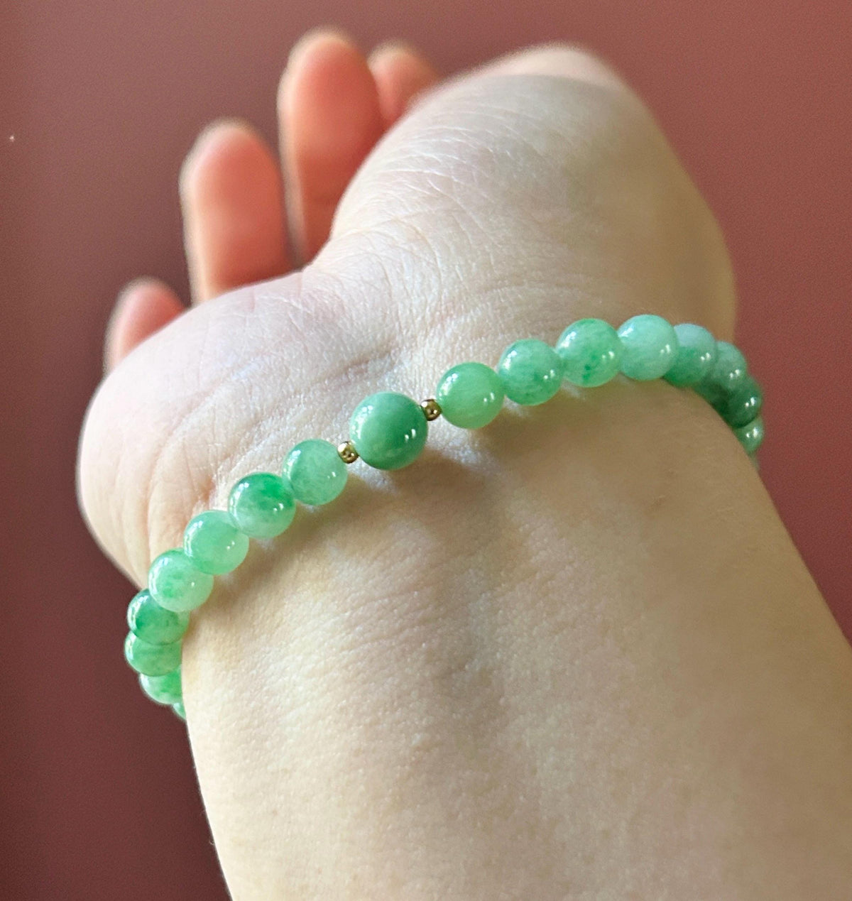 Natural Jadeite Bracelet, Burmese Type A Icy Translucent Apple Green with Vivid-Green Floral Jade Beads, 6mm, Minimalist Jewelry