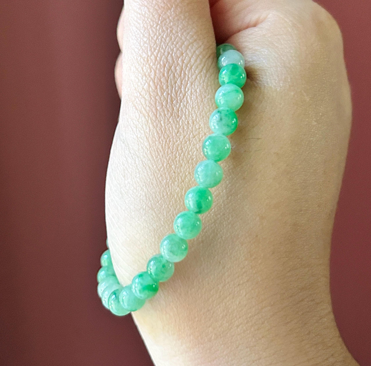Natural Jadeite Bracelet, Burmese Type A Icy Translucent Apple Green with Vivid-Green Floral Jade Beads, 6mm, Minimalist Jewelry