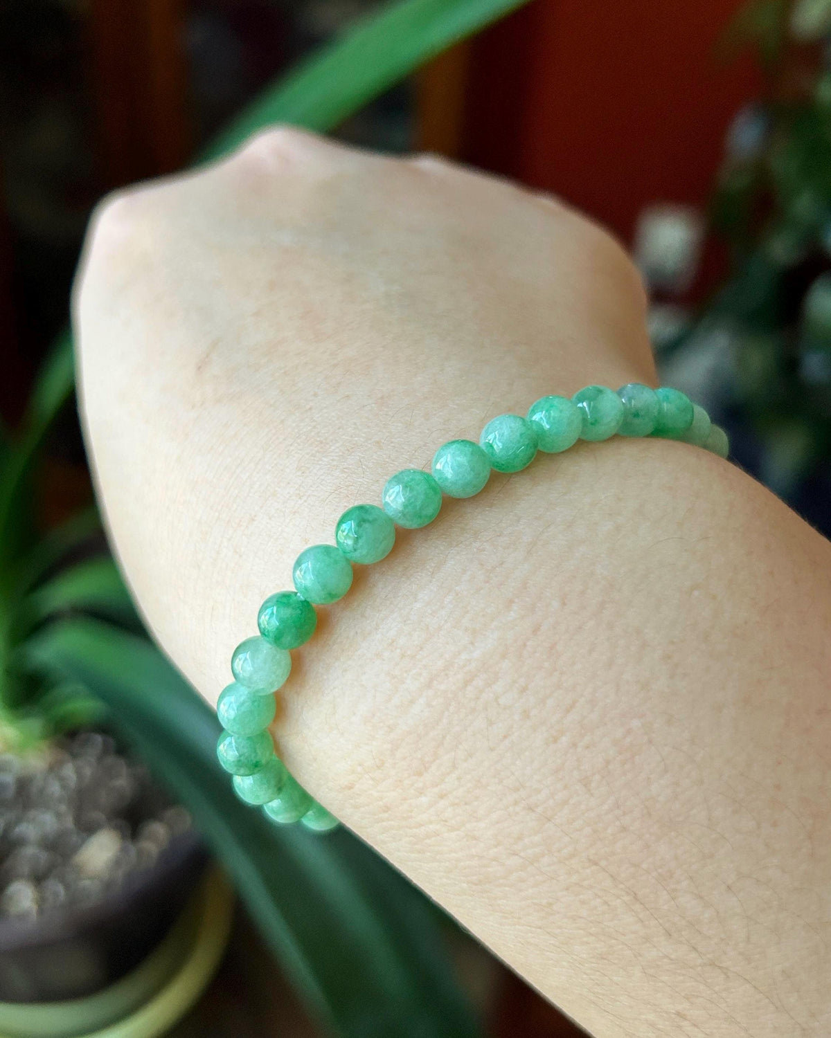 Natural Jadeite Bracelet, Burmese Type A Icy Translucent Apple Green with Vivid-Green Floral Jade Beads, 6mm, Minimalist Jewelry