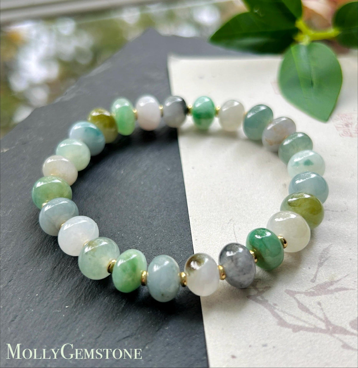 Natural Jadeite Beaded Bracelet: Burmese Type A Highly Translucent Icy Multicolor Floating Flowers Jade, Rare Color Patterns, 9mm
