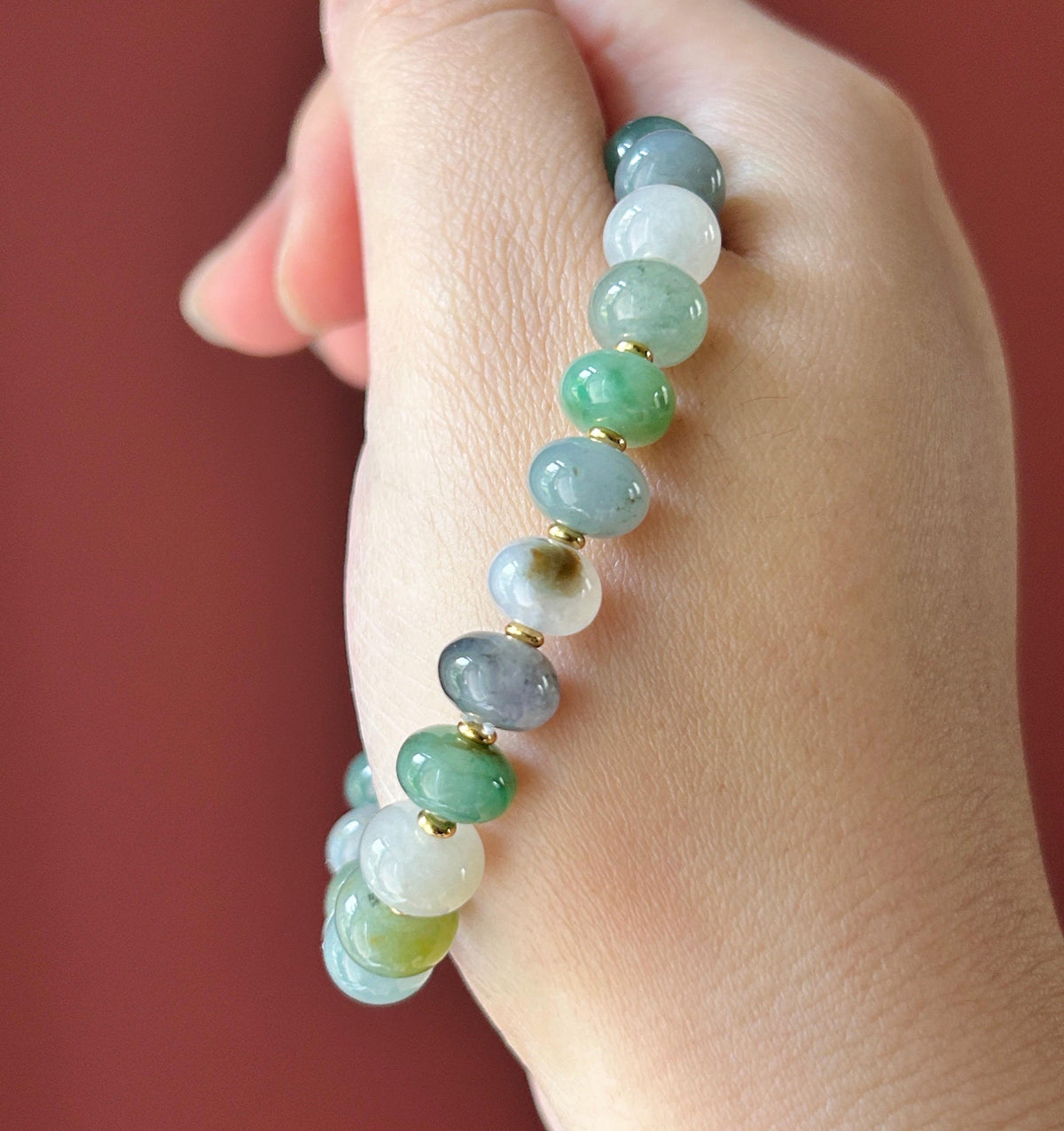 Natural Jadeite Beaded Bracelet: Burmese Type A Highly Translucent Icy Multicolor Floating Flowers Jade, Rare Color Patterns, 9mm