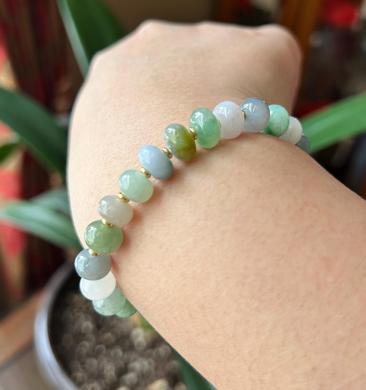 Natural Jadeite Beaded Bracelet: Burmese Type A Highly Translucent Icy Multicolor Floating Flowers Jade, Rare Color Patterns, 9mm