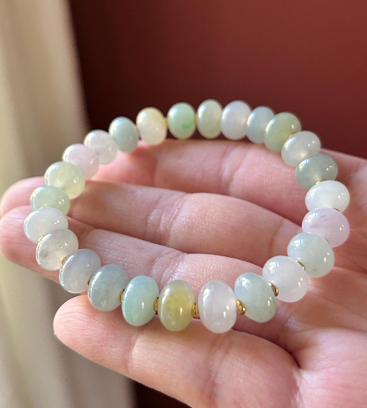 Natural Jadeite Beaded Bracelet, Burmese Type A Untreated Highly Translucent Icy Pastel Macaron Multicolor Jade, 9mm