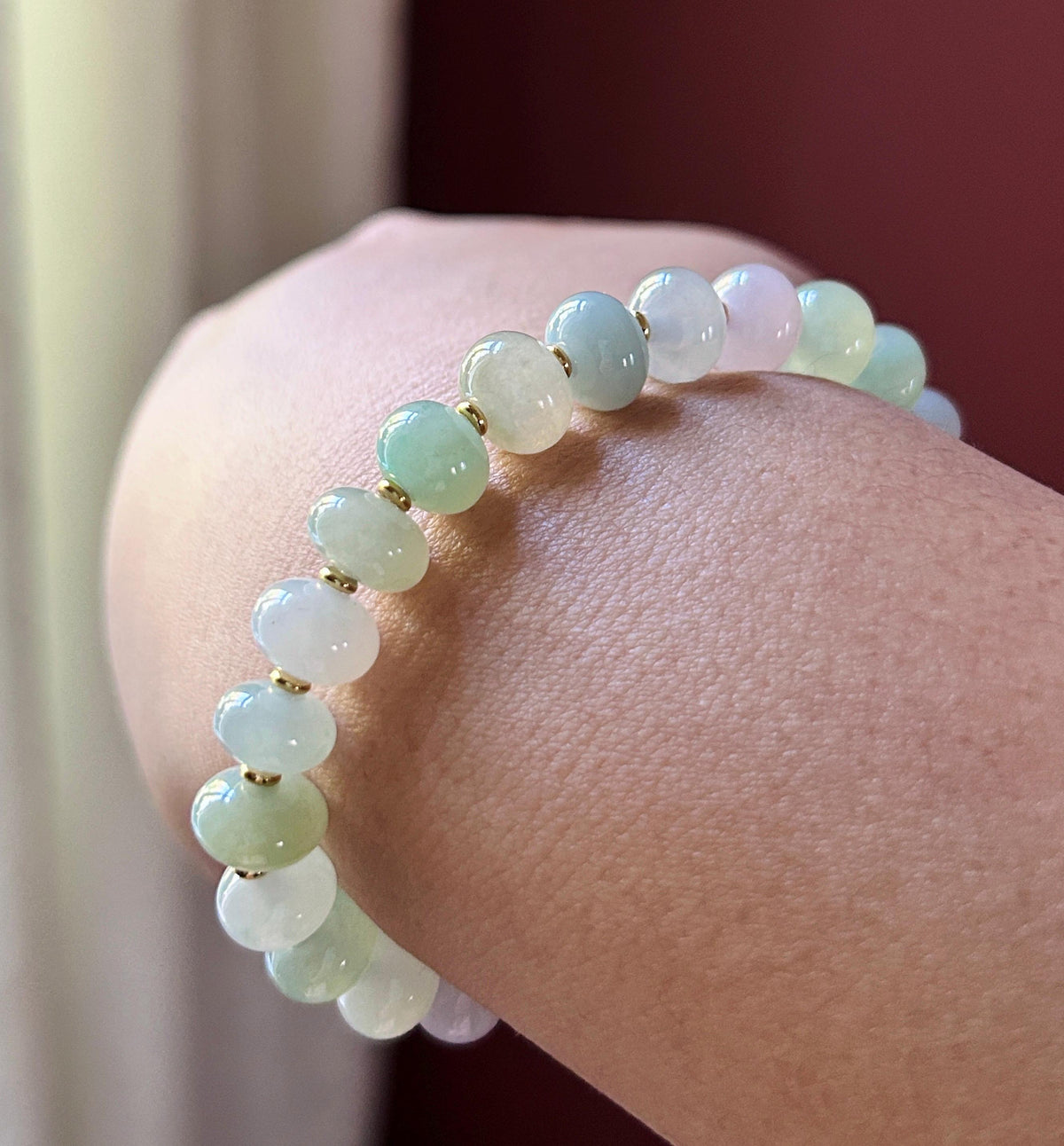 Natural Jadeite Beaded Bracelet, Burmese Type A Untreated Highly Translucent Icy Pastel Macaron Multicolor Jade, 9mm