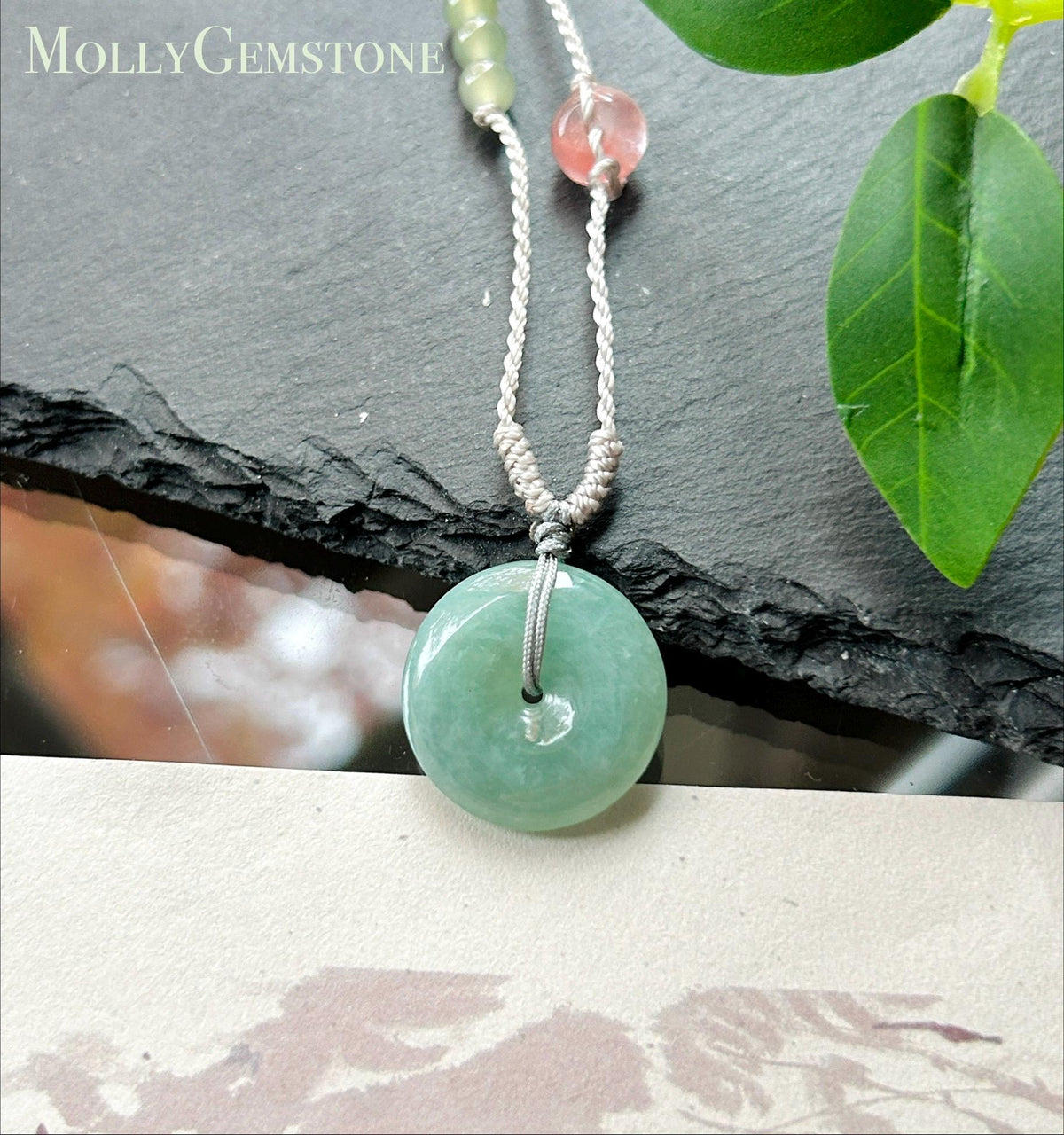 Certified Natural Jadeite Donut Pendant Adjustable Necklace Burmese Type A Icy Bluish Apple Green Jade 20 x 4.8mm