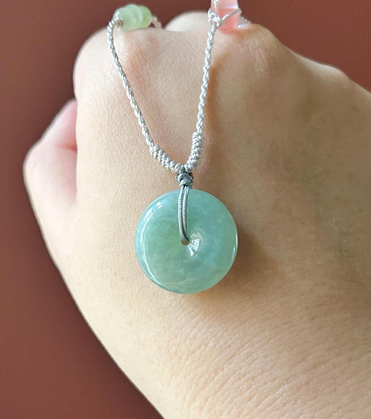 Certified Natural Jadeite Donut Pendant Adjustable Necklace Burmese Type A Icy Bluish Apple Green Jade 20 x 4.8mm