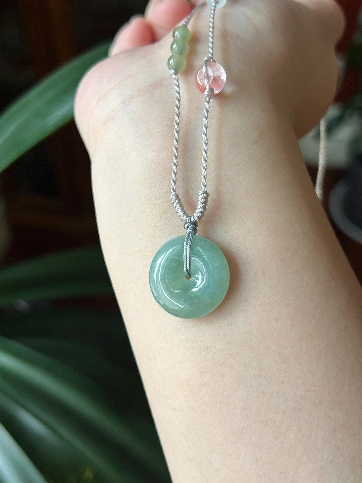 Certified Natural Jadeite Donut Pendant Adjustable Necklace Burmese Type A Icy Bluish Apple Green Jade 20 x 4.8mm