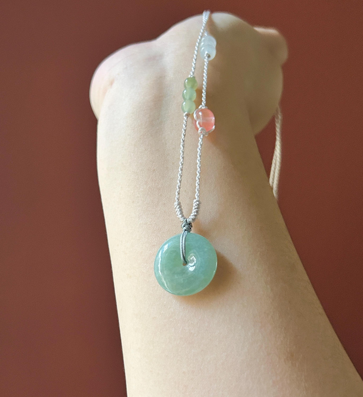 Certified Natural Jadeite Donut Pendant Adjustable Necklace Burmese Type A Icy Bluish Apple Green Jade 20 x 4.8mm