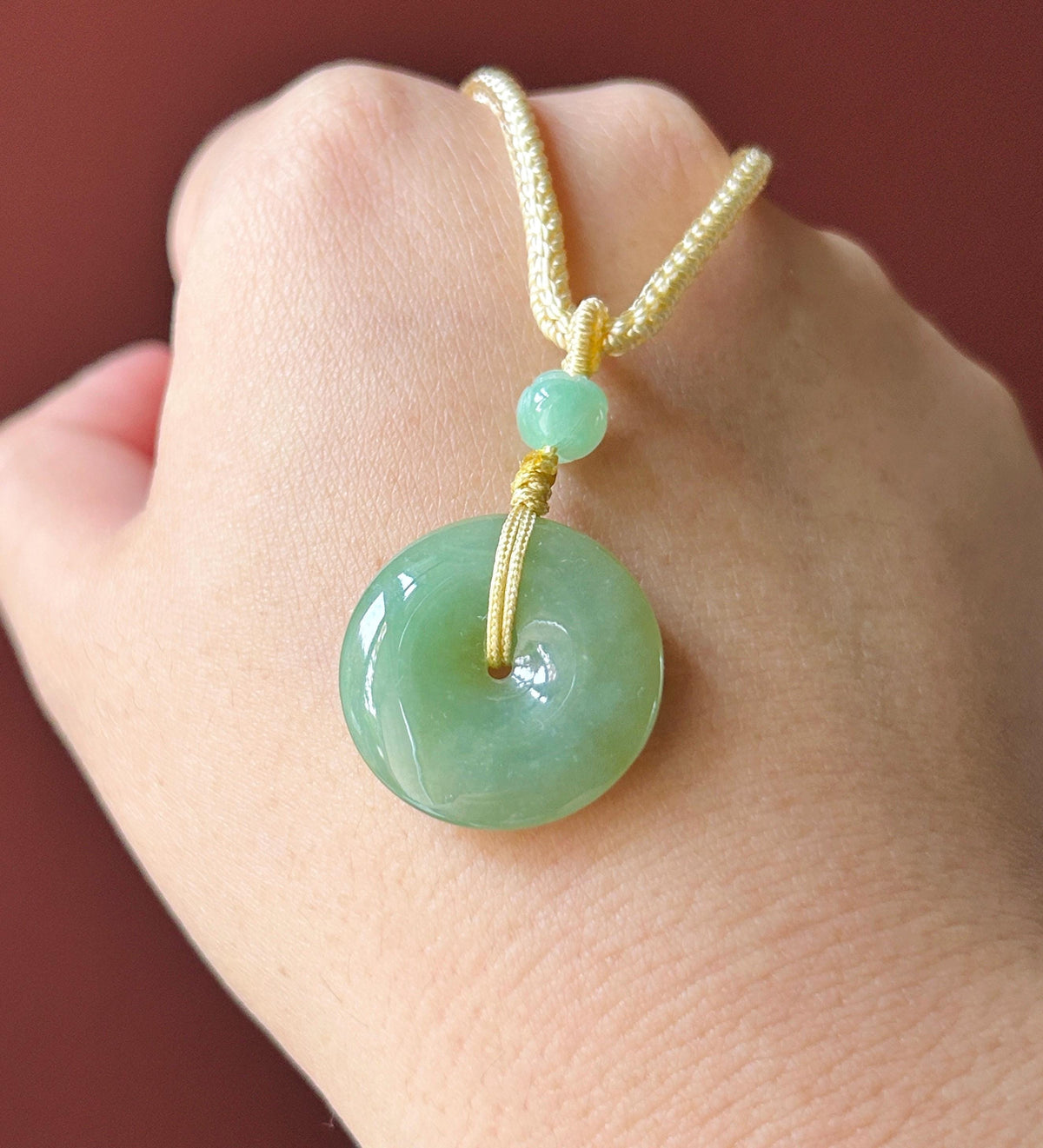 Natural Jadeite Donut Pendant Adjustable Necklace Burmese Type A Translucent Fine Glutinous Icy Yellowish Green Jade 23.5 x 5.1mm