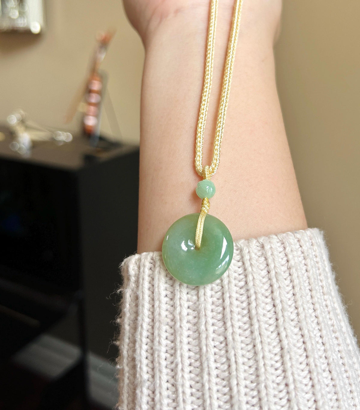 Natural Jadeite Donut Pendant Adjustable Necklace Burmese Type A Translucent Fine Glutinous Icy Yellowish Green Jade 23.5 x 5.1mm