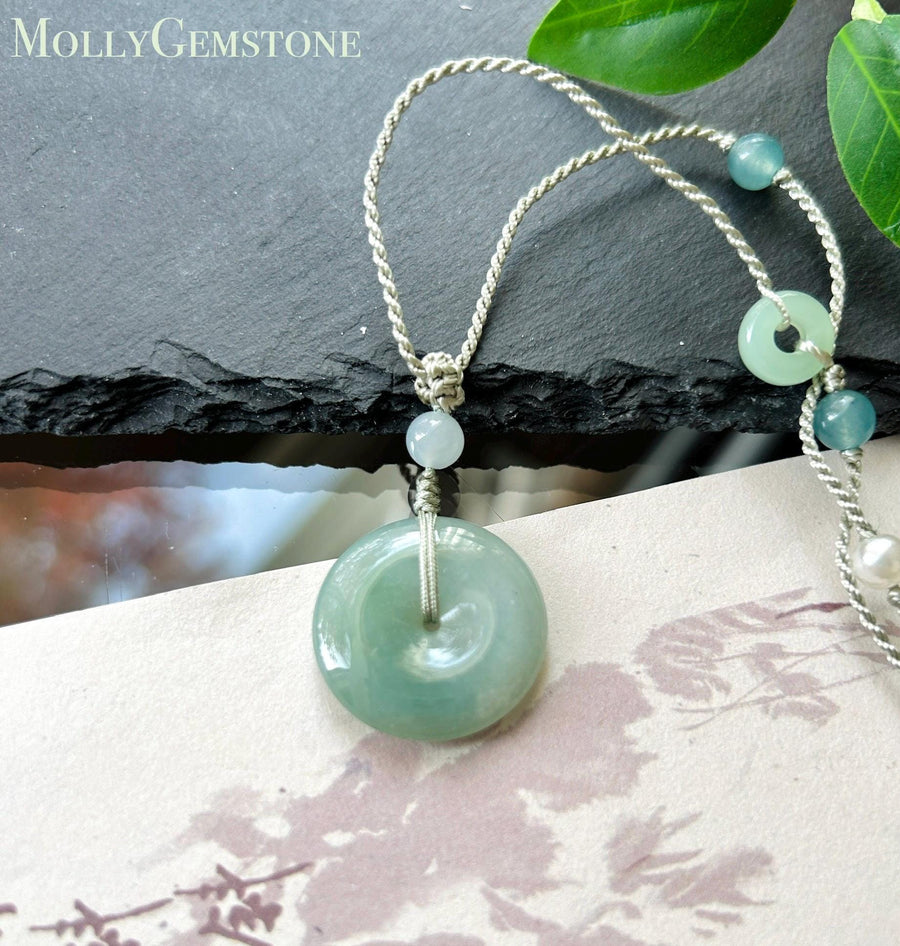 Natural Jadeite Donut Pendant Adjustable Necklace Burmese Type A Translucent Fine Glutinous Icy Bluish Green Jade 23 x 5.1mm