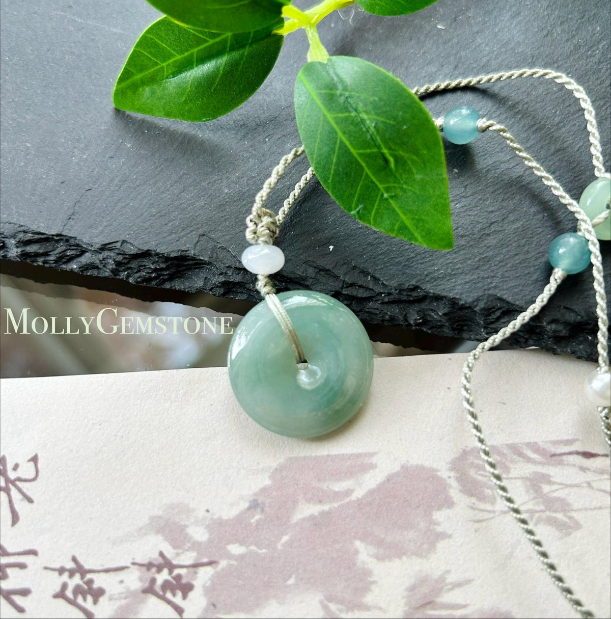 Natural Jadeite Donut Pendant Adjustable Necklace Burmese Type A Translucent Fine Glutinous Icy Bluish Green Jade 23 x 5.1mm