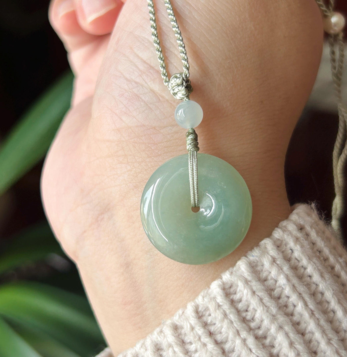 Natural Jadeite Donut Pendant Adjustable Necklace Burmese Type A Translucent Fine Glutinous Icy Bluish Green Jade 23 x 5.1mm