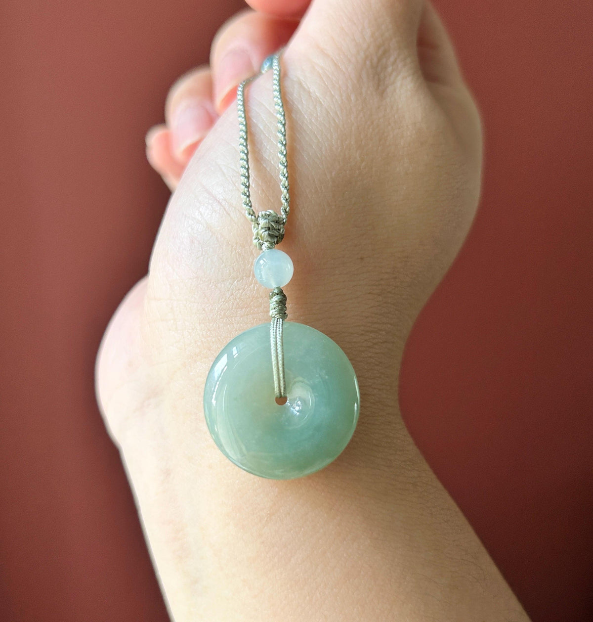 Natural Jadeite Donut Pendant Adjustable Necklace Burmese Type A Translucent Fine Glutinous Icy Bluish Green Jade 23 x 5.1mm