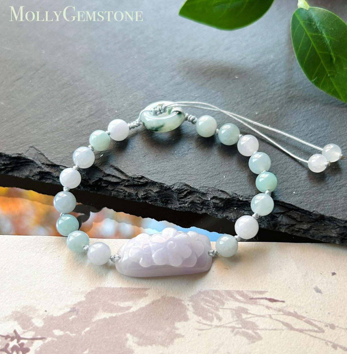 Natural Jadeite Floral Plaque Braided Bracelet Burmese Type A Translucent Fine Glutinous Icy Lavender, Blue, & White Jade