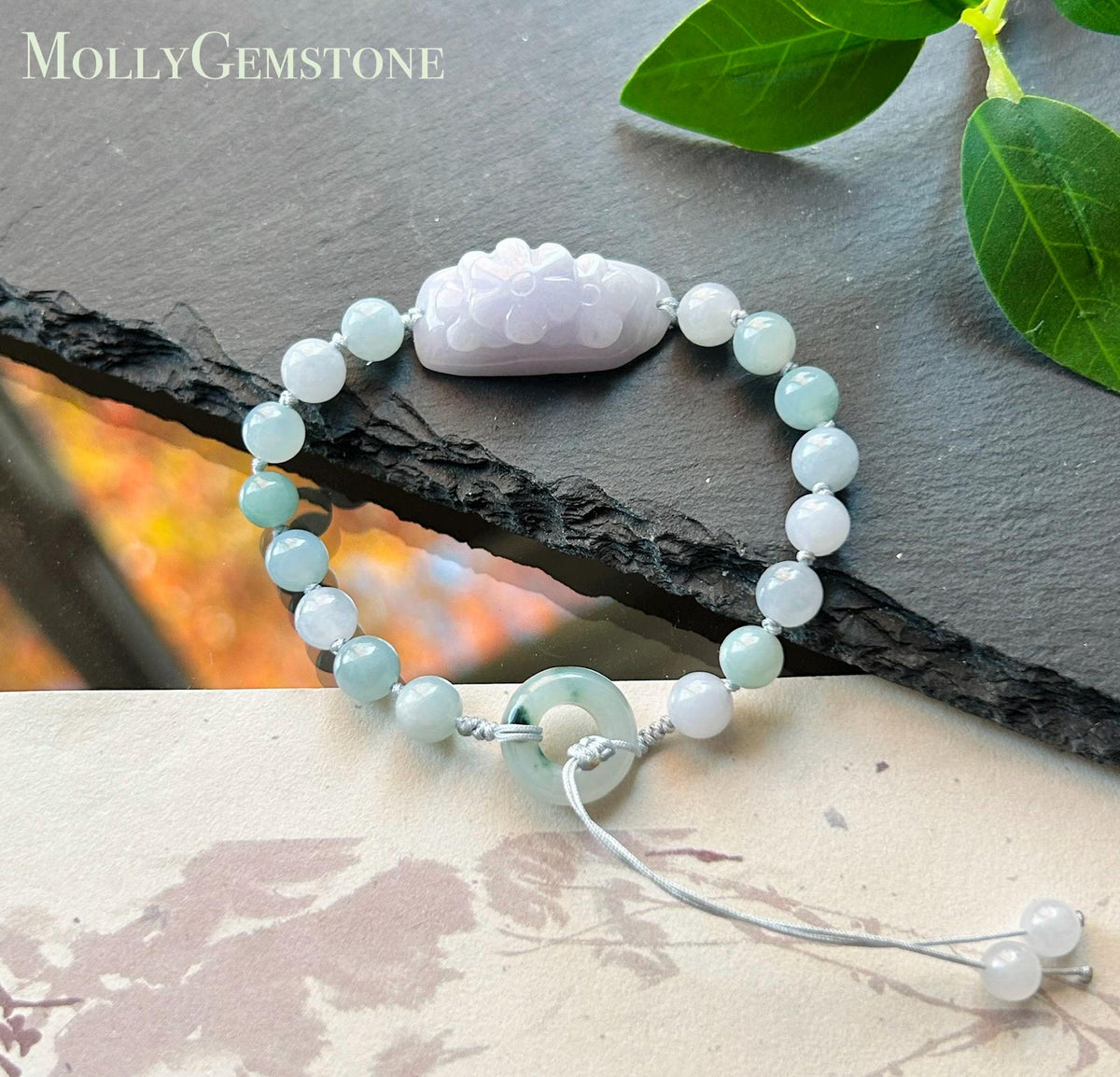 Natural Jadeite Floral Plaque Braided Bracelet Burmese Type A Translucent Fine Glutinous Icy Lavender, Blue, & White Jade