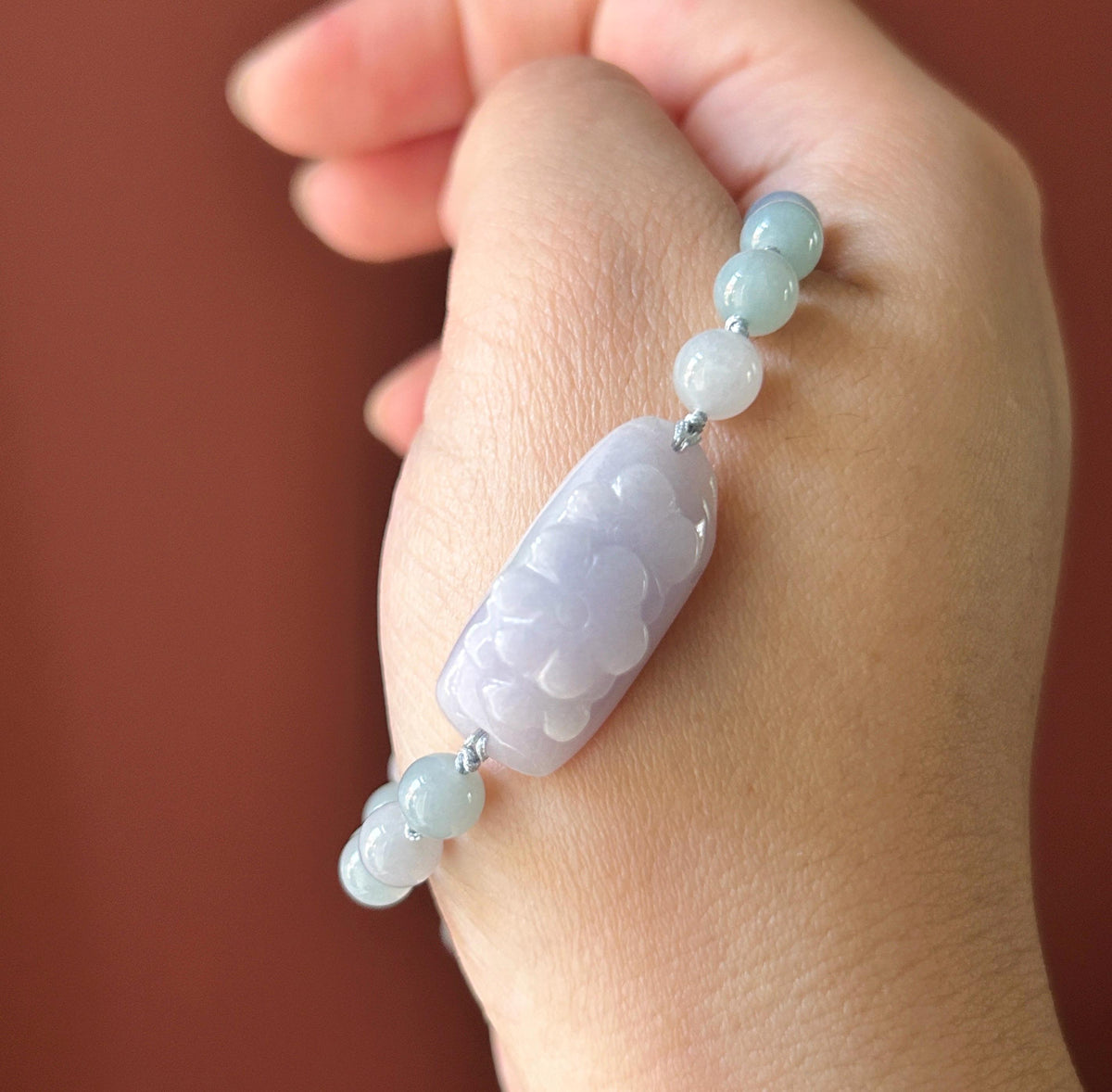 Natural Jadeite Floral Plaque Braided Bracelet Burmese Type A Translucent Fine Glutinous Icy Lavender, Blue, & White Jade