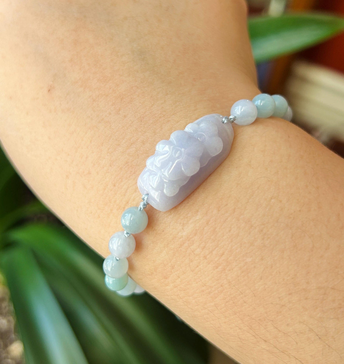 Natural Jadeite Floral Plaque Braided Bracelet Burmese Type A Translucent Fine Glutinous Icy Lavender, Blue, & White Jade