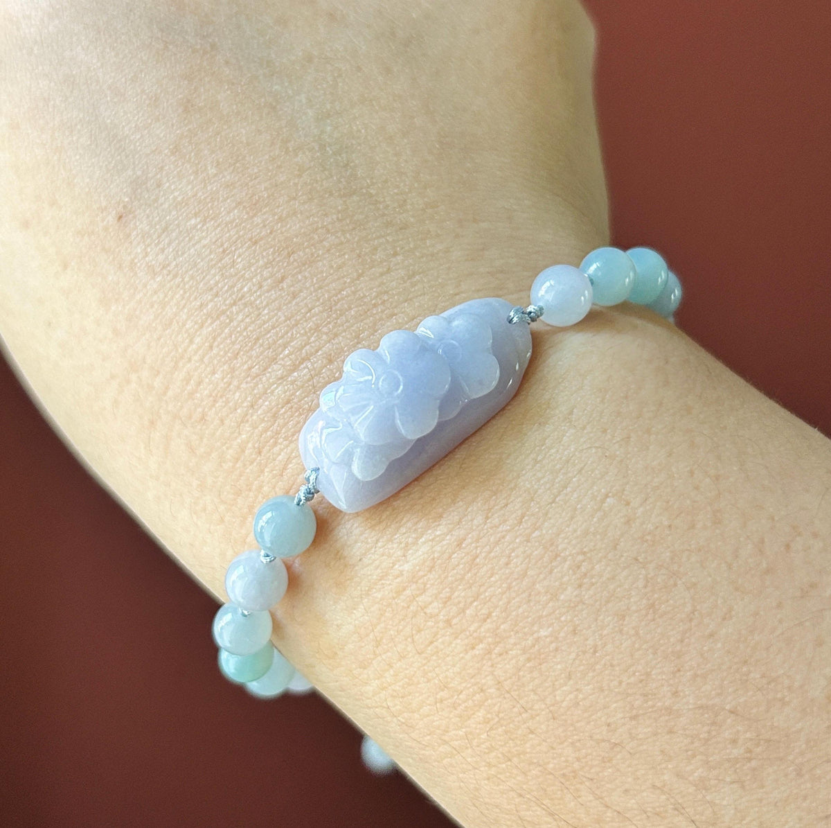 Natural Jadeite Floral Plaque Braided Bracelet Burmese Type A Translucent Fine Glutinous Icy Lavender, Blue, & White Jade