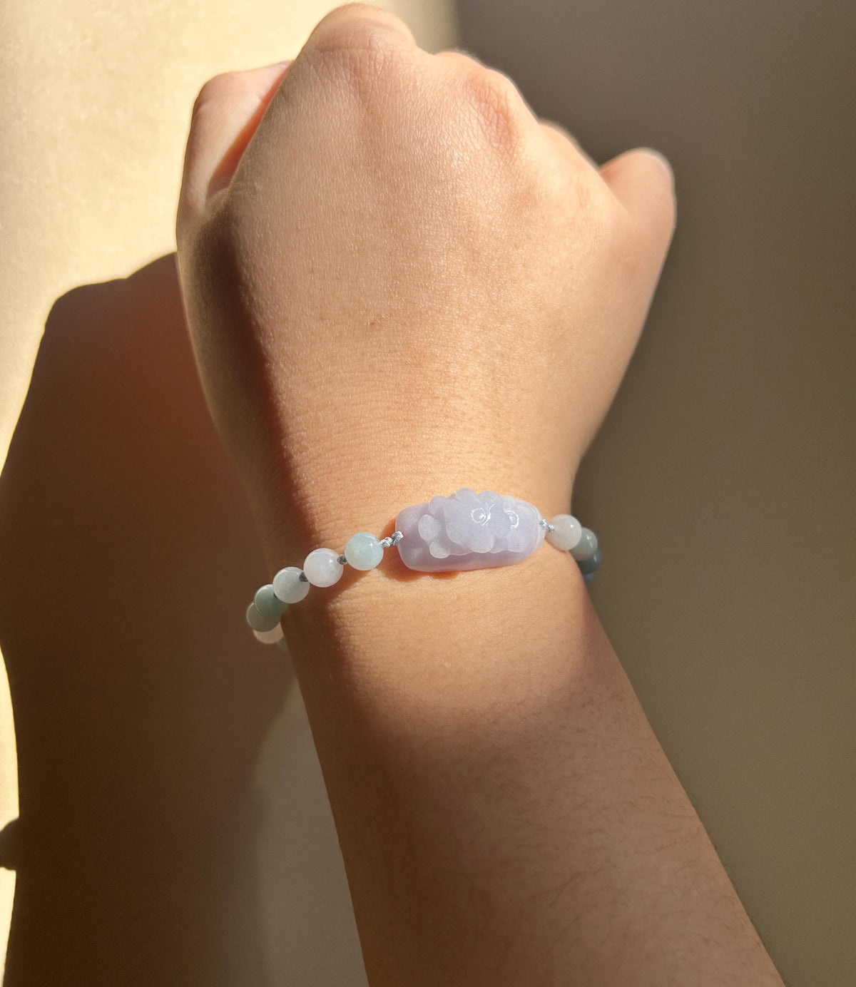 Natural Jadeite Floral Plaque Braided Bracelet Burmese Type A Translucent Fine Glutinous Icy Lavender, Blue, & White Jade