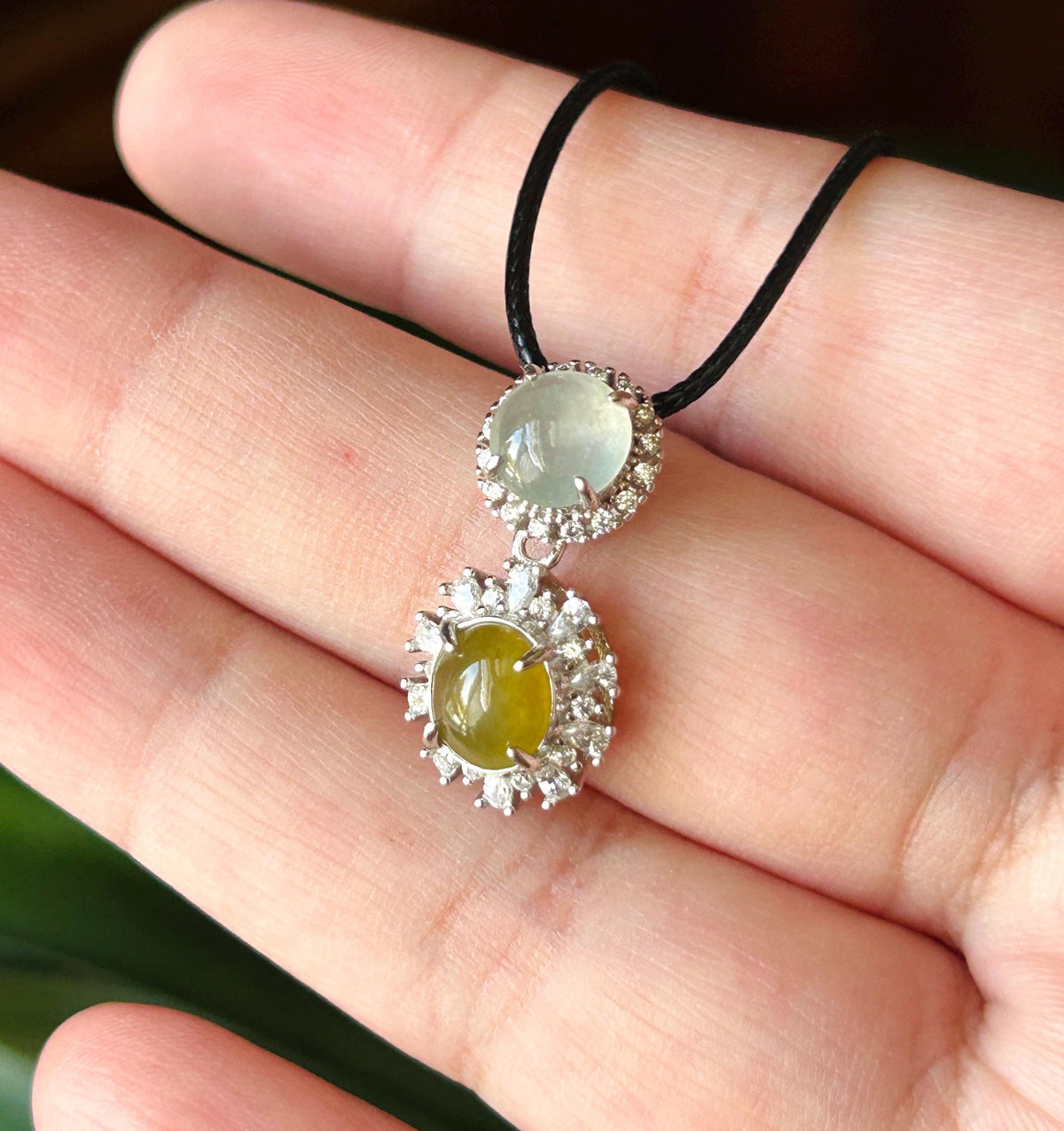 Certified Natural Jadeite Dual-Cabochon Pendant Burmese Type A Highly Translucent Icy Green Tea Yellow & White Jade in Sterling Silver