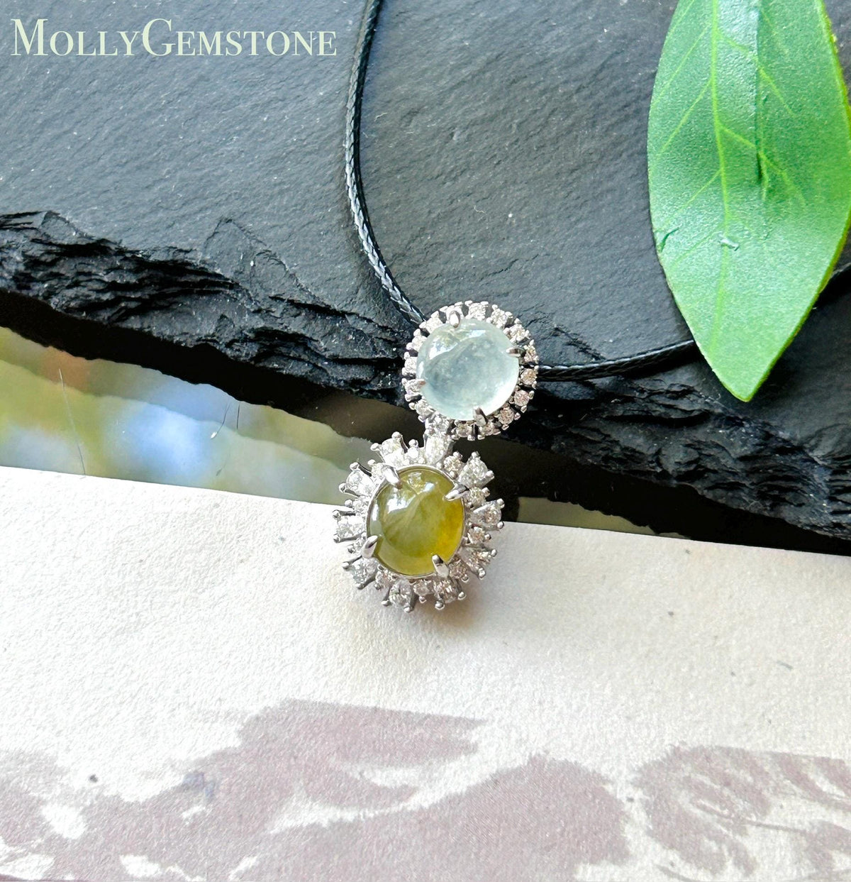 Certified Natural Jadeite Dual-Cabochon Pendant Burmese Type A Highly Translucent Icy Green Tea Yellow & White Jade in Sterling Silver