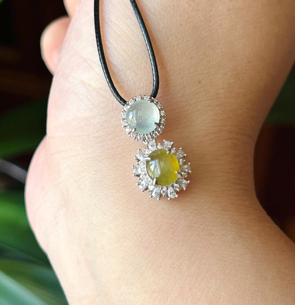 Certified Natural Jadeite Dual-Cabochon Pendant Burmese Type A Highly Translucent Icy Green Tea Yellow & White Jade in Sterling Silver