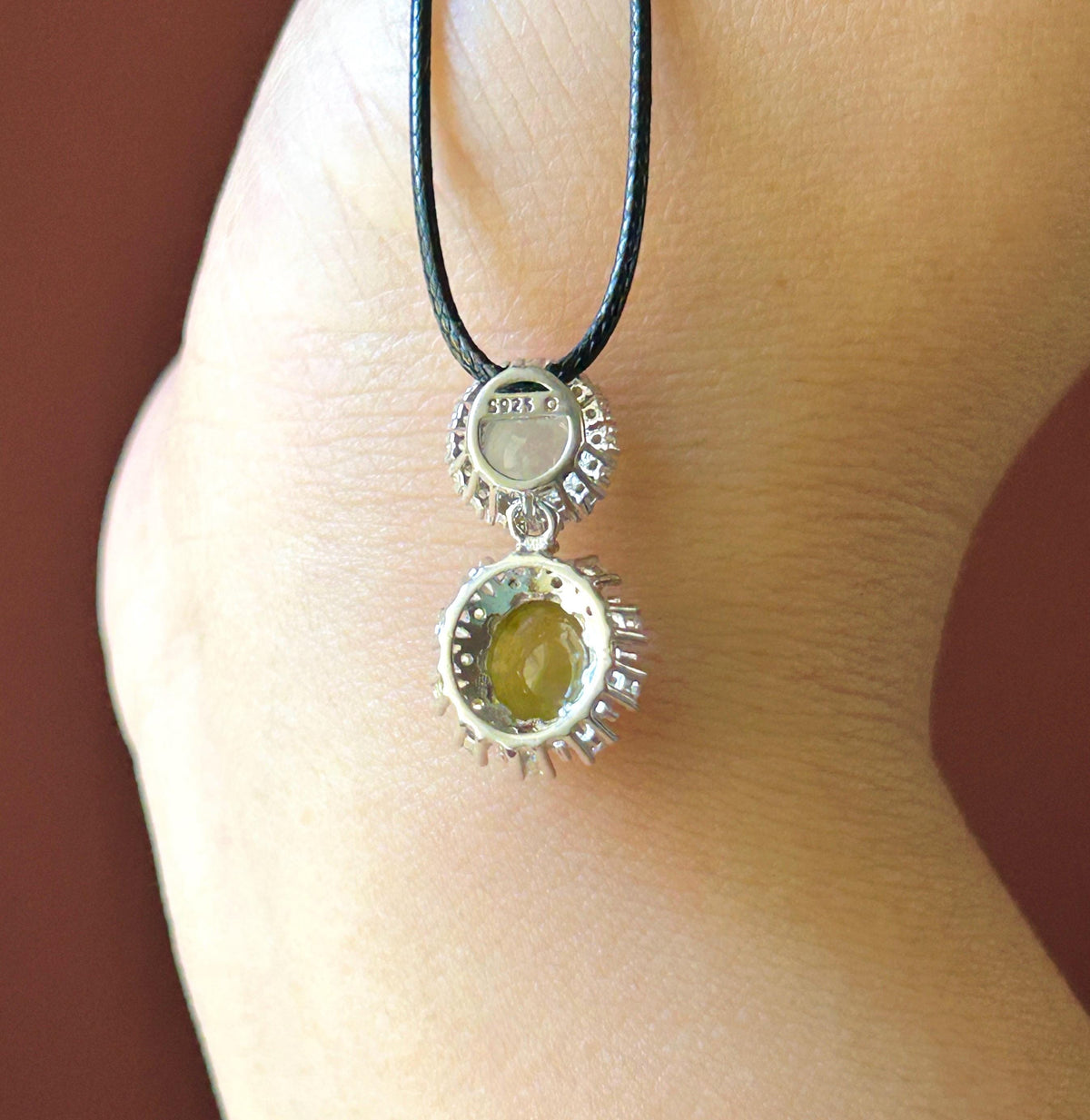 Certified Natural Jadeite Dual-Cabochon Pendant Burmese Type A Highly Translucent Icy Green Tea Yellow & White Jade in Sterling Silver