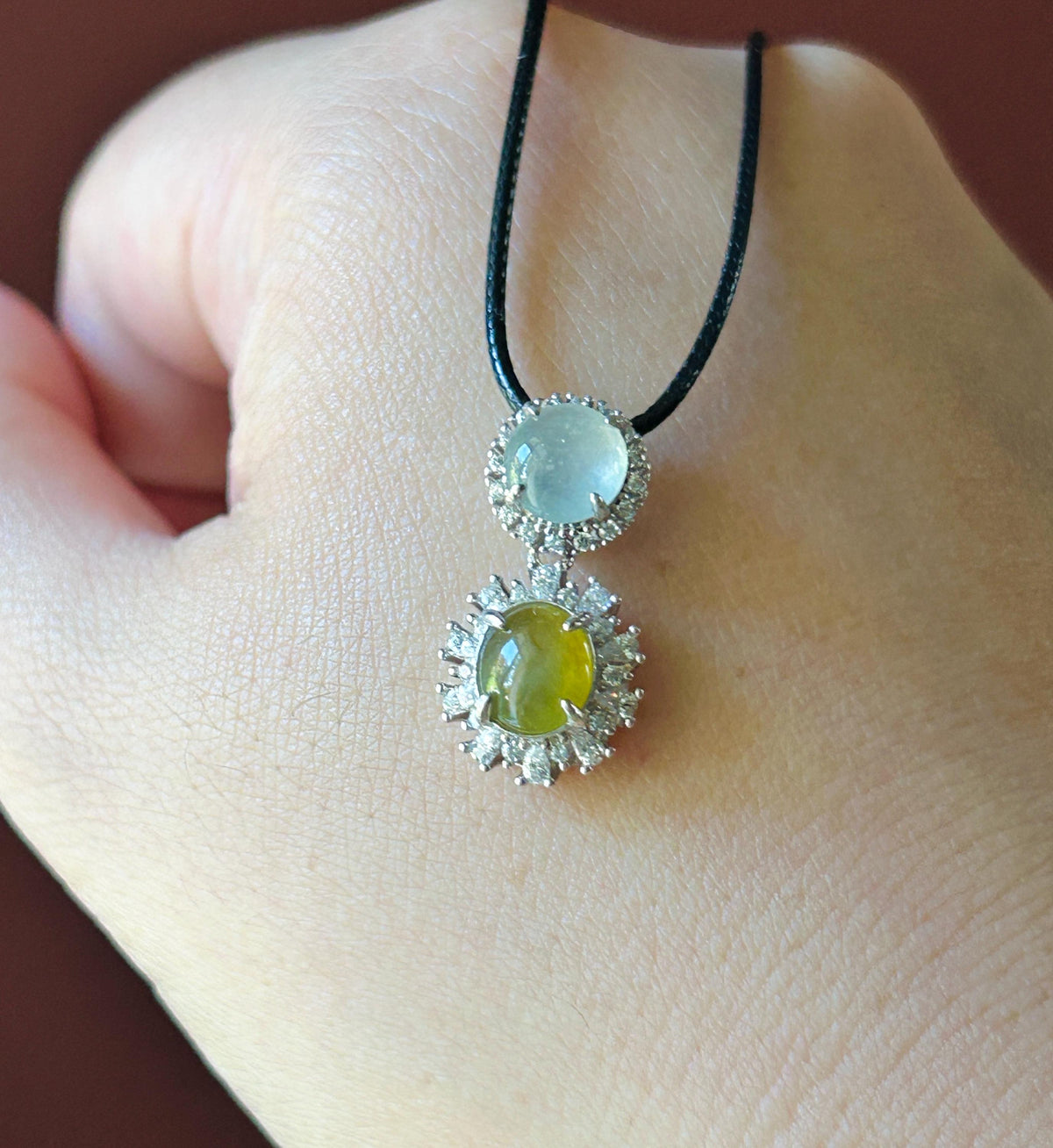 Certified Natural Jadeite Dual-Cabochon Pendant Burmese Type A Highly Translucent Icy Green Tea Yellow & White Jade in Sterling Silver