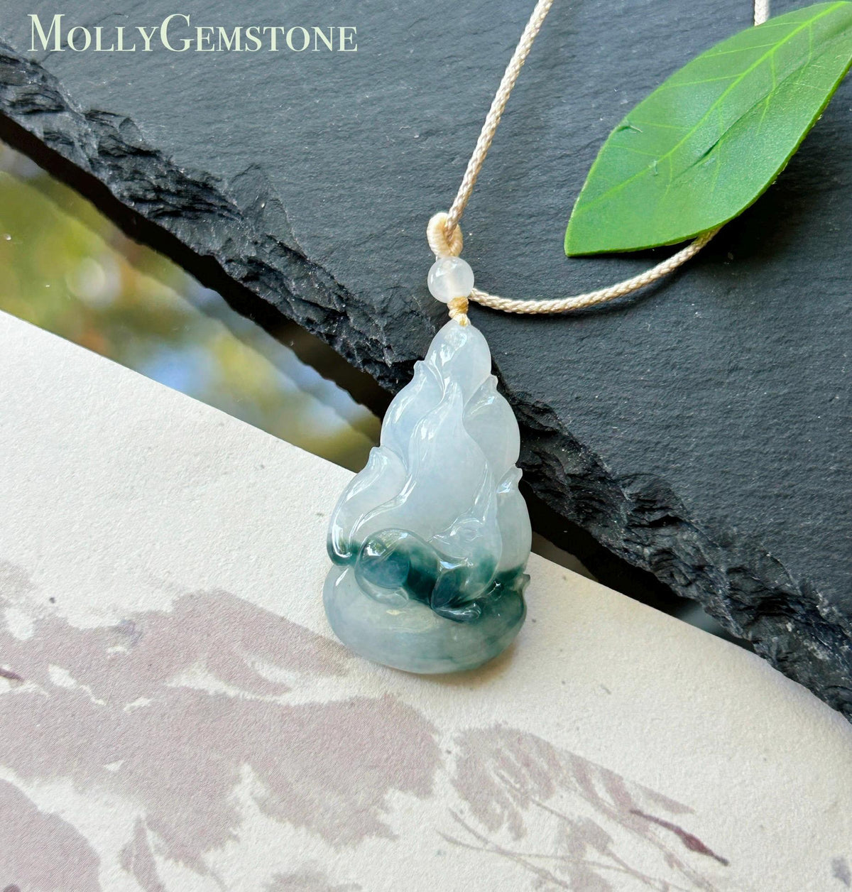Natural Jadeite Nine-Tail-Fox Pendant - Burmese Type A Untreated Icy Translucent White Based Blue Floral Jade, Adjustable Cord