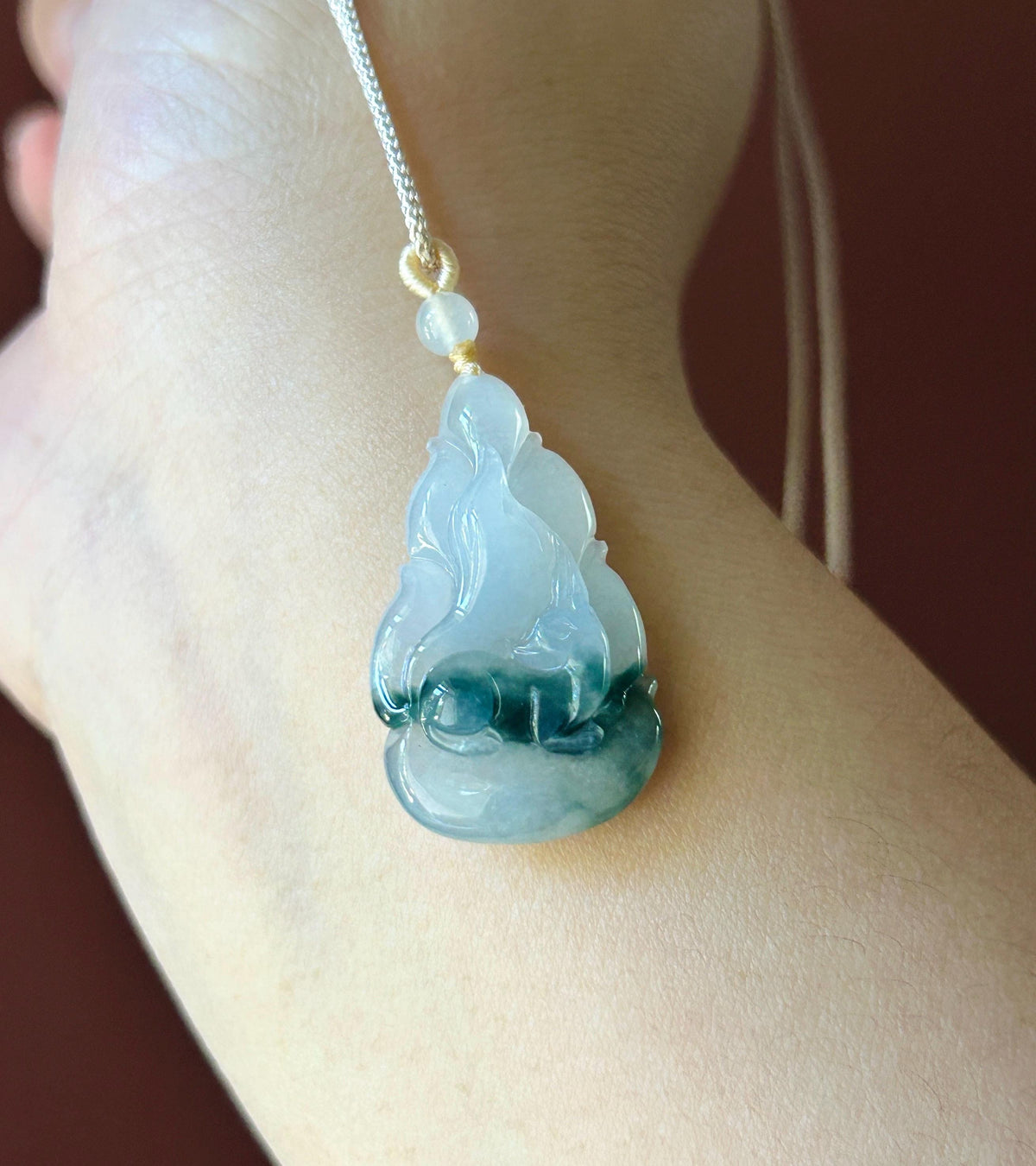 Natural Jadeite Nine-Tail-Fox Pendant - Burmese Type A Untreated Icy Translucent White Based Blue Floral Jade, Adjustable Cord