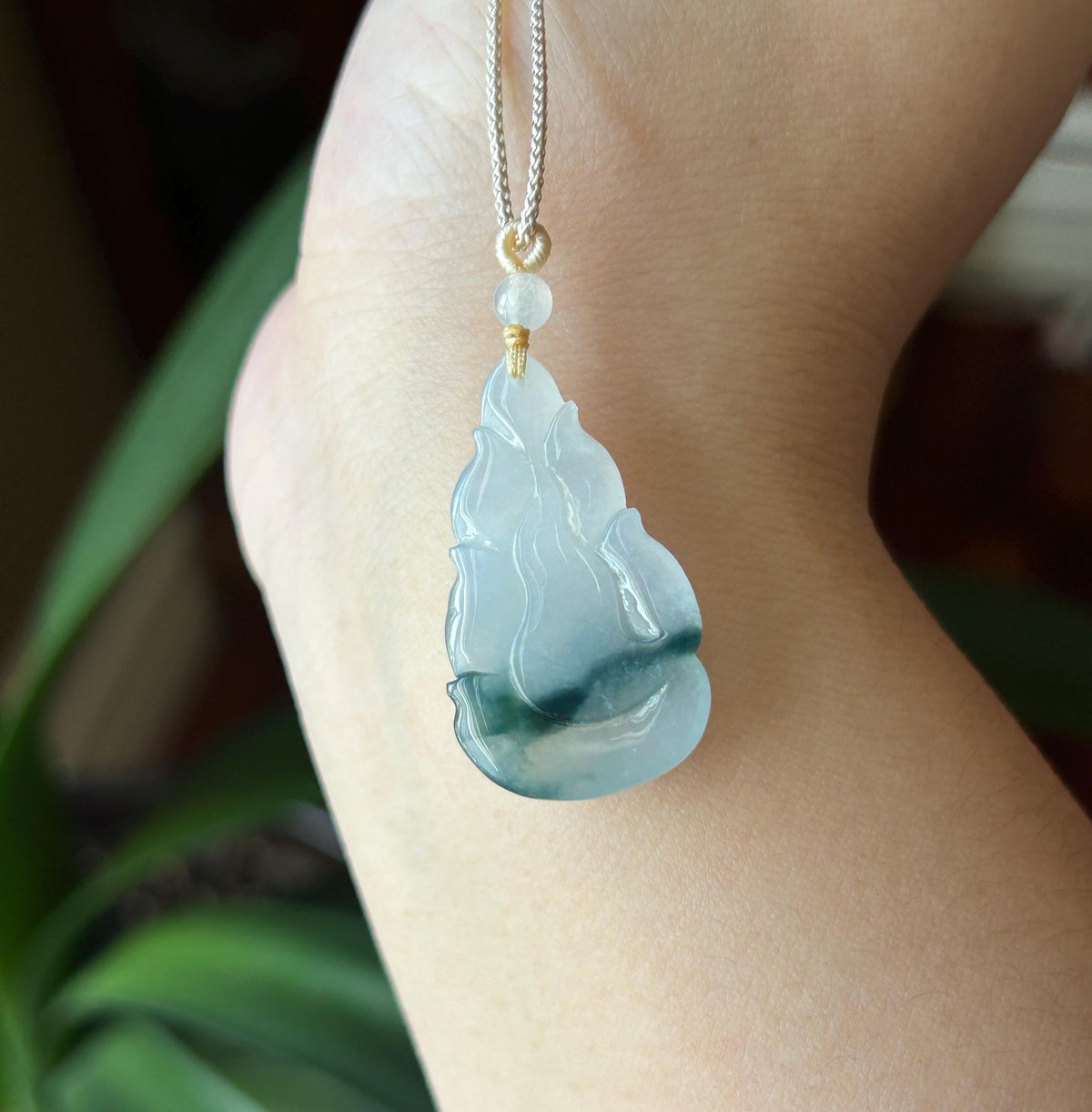 Natural Jadeite Nine-Tail-Fox Pendant - Burmese Type A Untreated Icy Translucent White Based Blue Floral Jade, Adjustable Cord