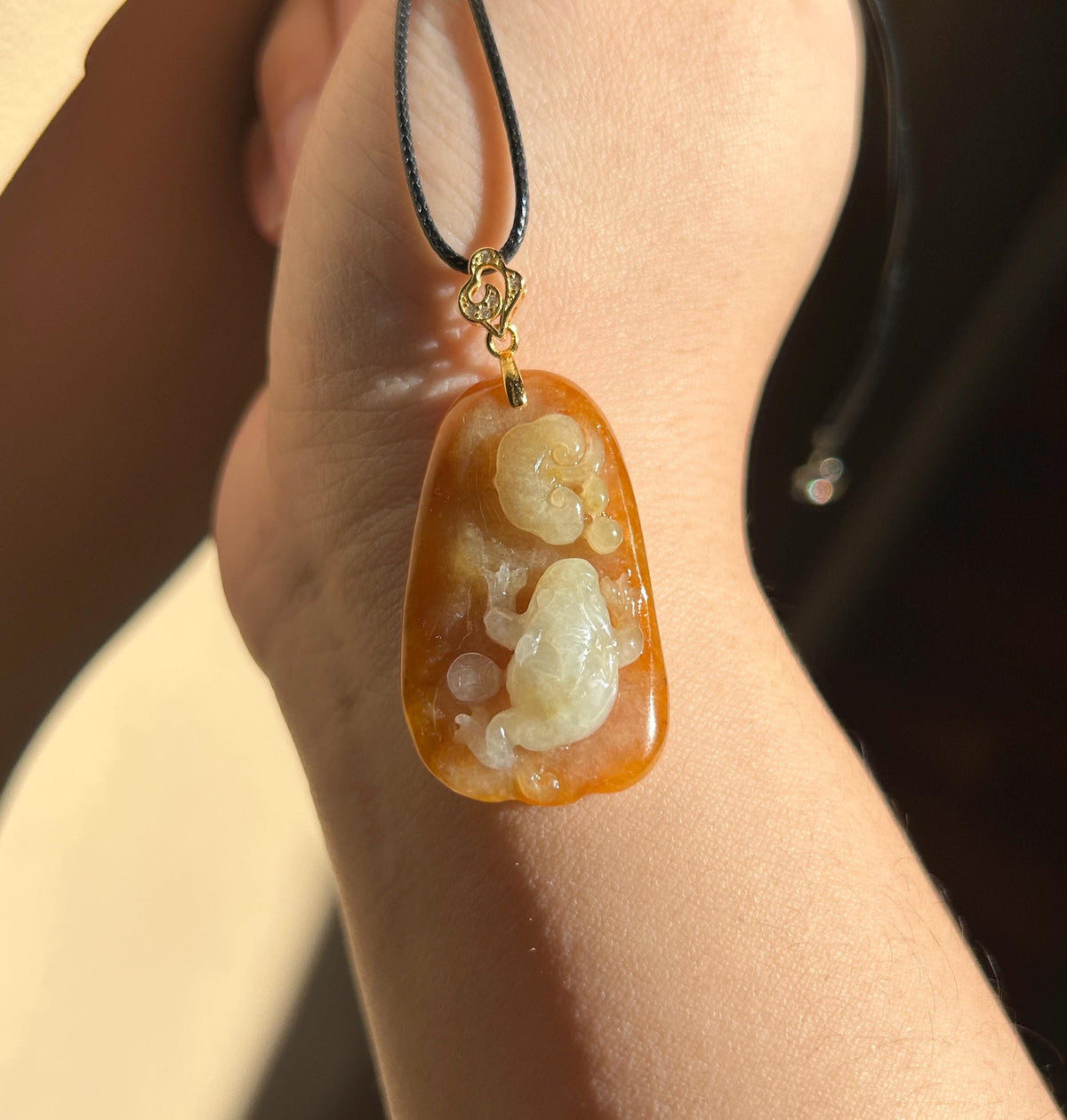 Certified Natural Jadeite Three-Legged-Todd and RuYi Pendant | Burmese Type A Unheated Red & White Jade with 18k Gold Vermeil Bail