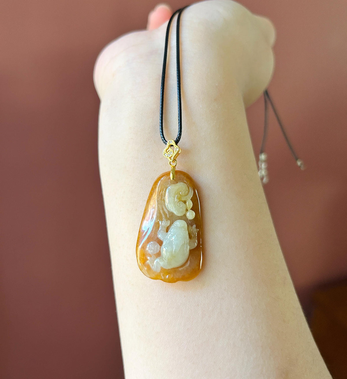 Certified Natural Jadeite Three-Legged-Todd and RuYi Pendant | Burmese Type A Unheated Red & White Jade with 18k Gold Vermeil Bail