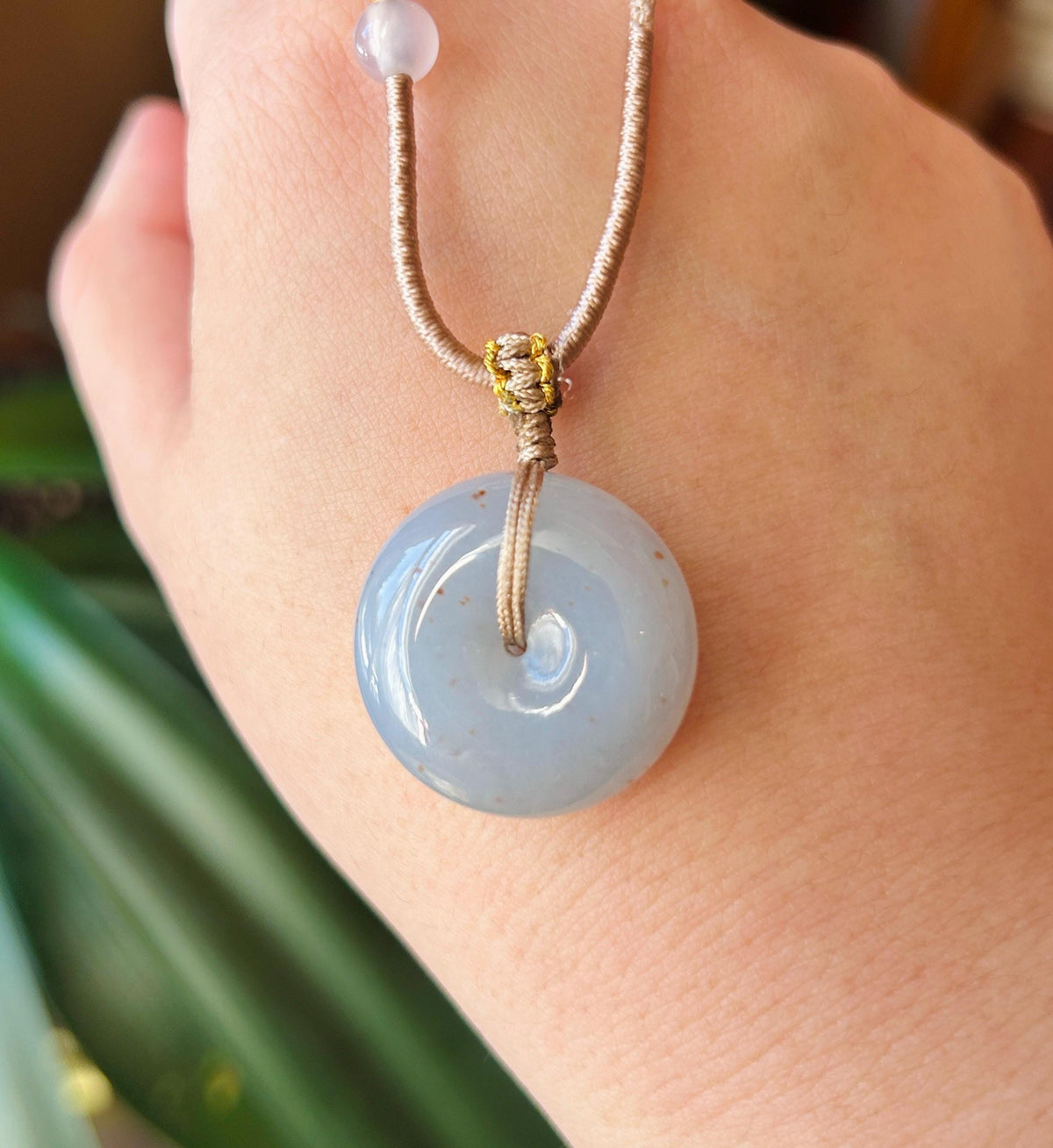 Certified Natural Jadeite Donut Pendant Adjustable Necklace Burmese Type A RARE Icy Smokey Blue Lavender & Red Floral Jade 24.6 x 9.8mm