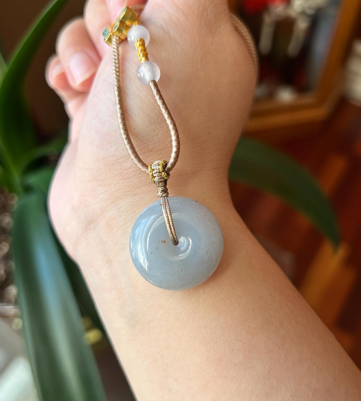 Certified Natural Jadeite Donut Pendant Adjustable Necklace Burmese Type A RARE Icy Smokey Blue Lavender & Red Floral Jade 24.6 x 9.8mm