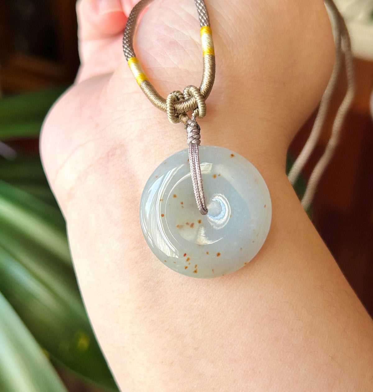 Certified Natural Jadeite Donut Pendant Adjustable Necklace Burmese Type A RARE Icy Grayish Blue Lavender & Red Floral Jade 28 x 6.4mm