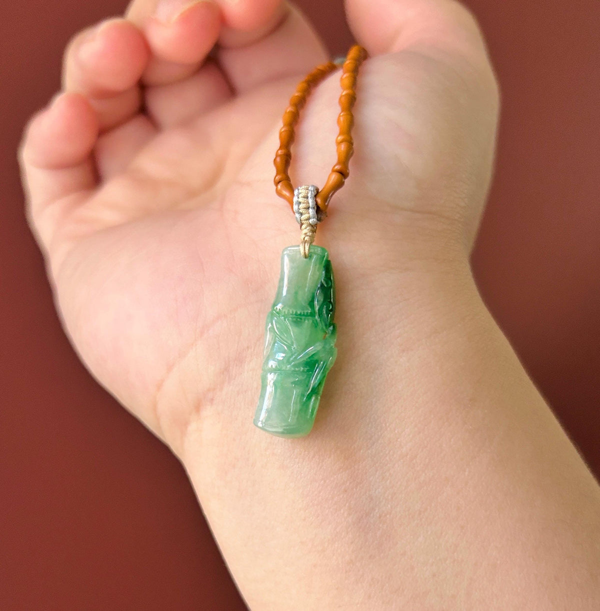Certified Natural Jadeite Bamboo Pendant Handwoven Wood Adjustable Necklace Burmese Type A Icy Translucent Vivid Green Jade 29 x 11 x 5mm