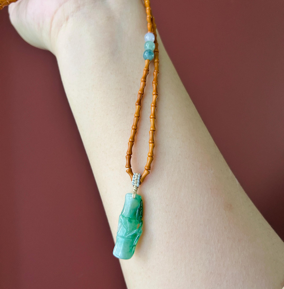 Certified Natural Jadeite Bamboo Pendant Handwoven Wood Adjustable Necklace Burmese Type A Icy Translucent Vivid Green Jade 29 x 11 x 5mm