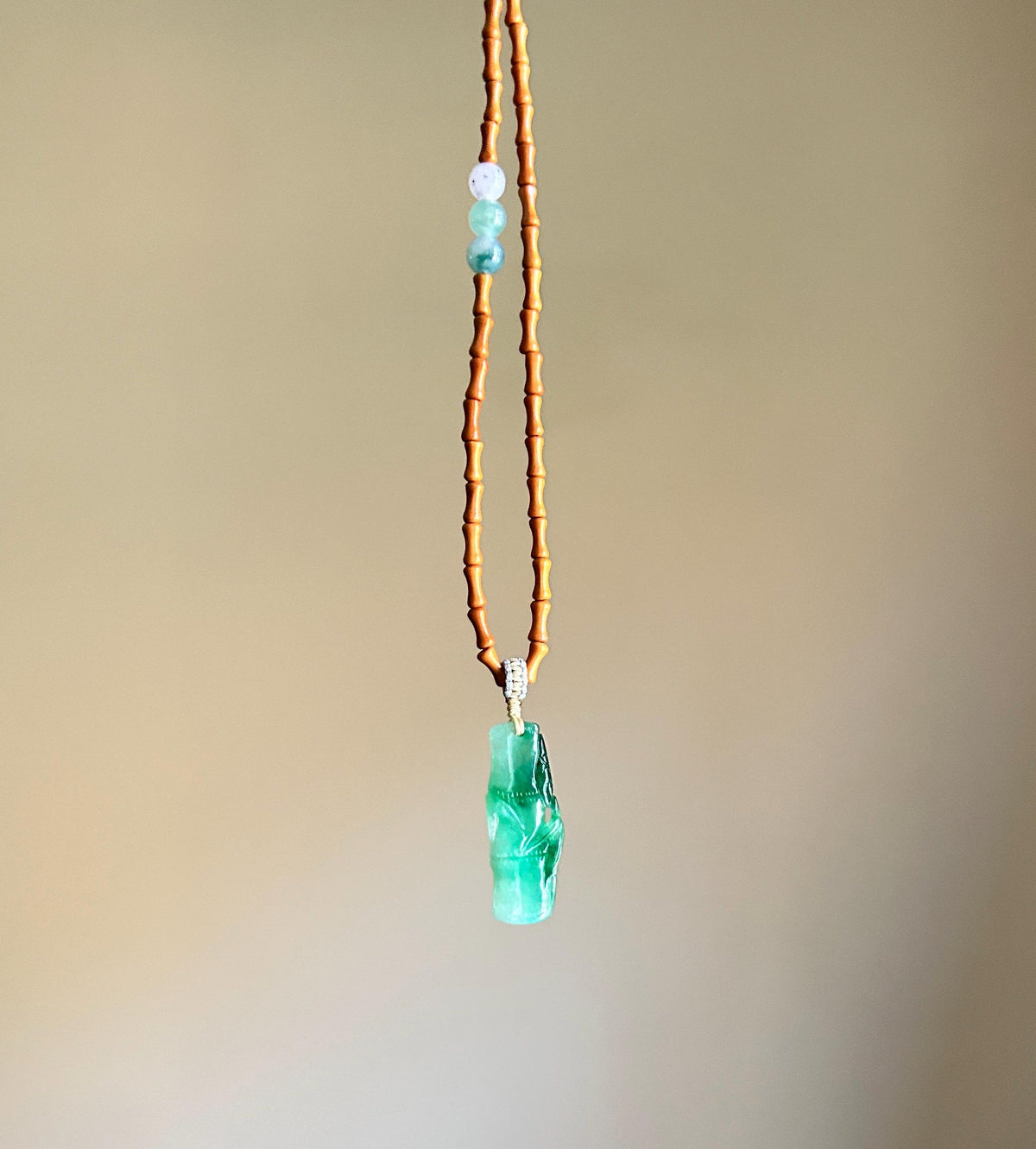 Certified Natural Jadeite Bamboo Pendant Handwoven Wood Adjustable Necklace Burmese Type A Icy Translucent Vivid Green Jade 29 x 11 x 5mm