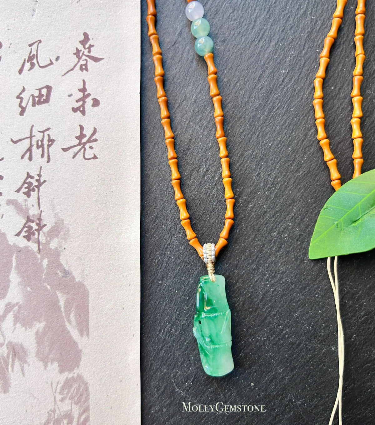 Certified Natural Jadeite Bamboo Pendant Handwoven Wood Adjustable Necklace Burmese Type A Icy Translucent Vivid Green Jade 29 x 11 x 5mm
