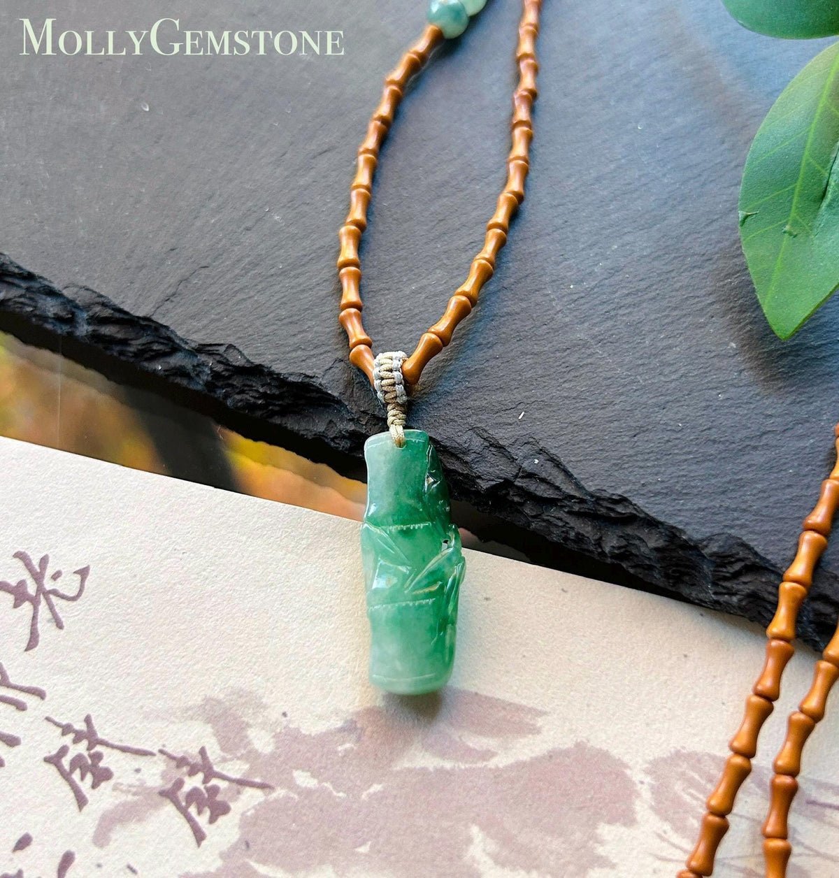 Certified Natural Jadeite Bamboo Pendant Handwoven Wood Adjustable Necklace Burmese Type A Icy Translucent Vivid Green Jade 29 x 11 x 5mm
